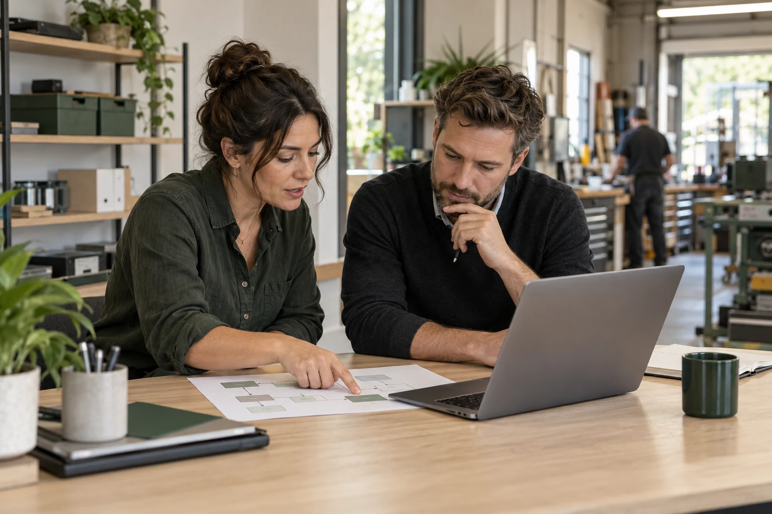 Illustrative scene of two professionals improving a workflow at a service business